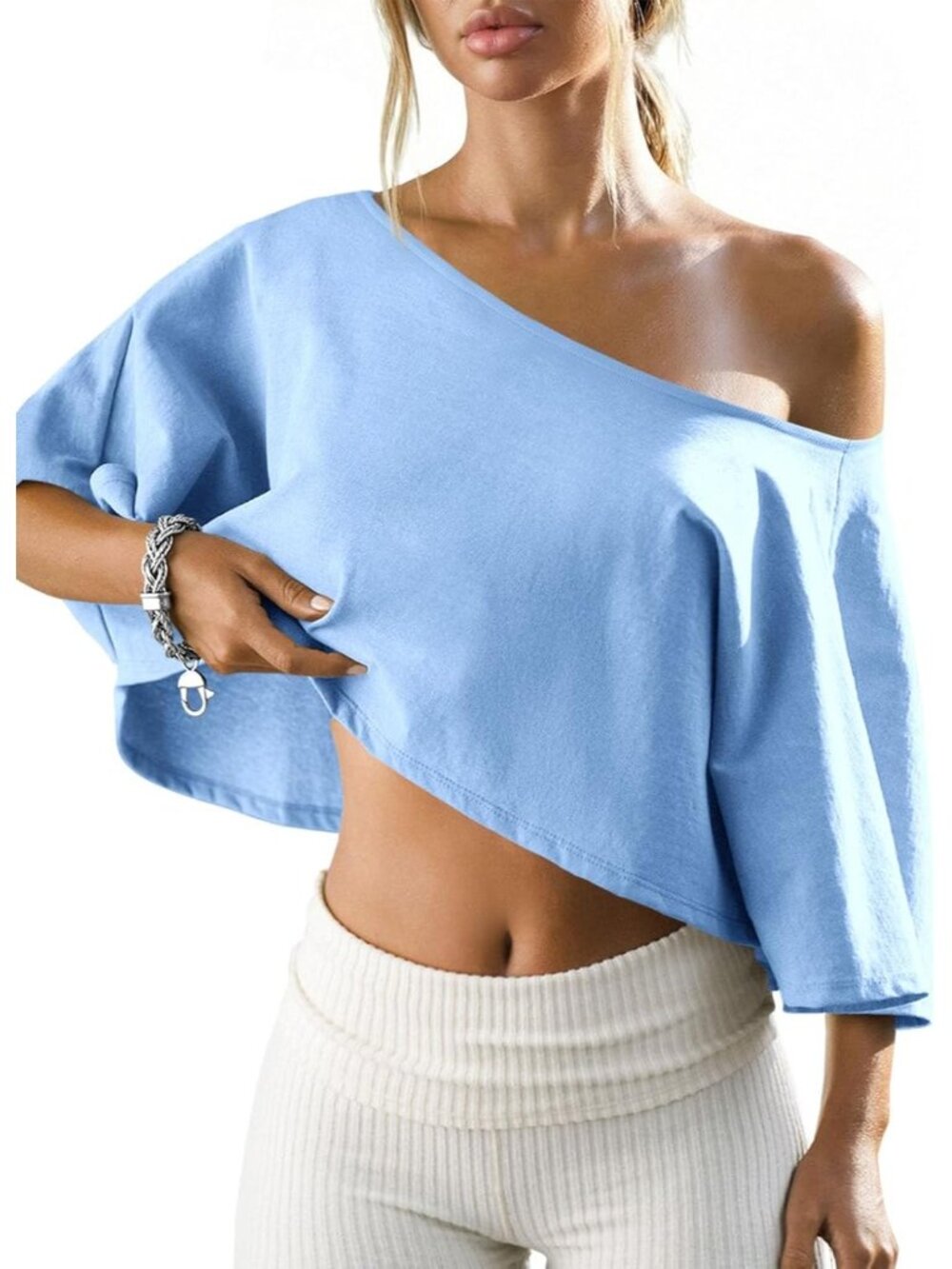 Women's Blue Shoulder Cropped Batwing Short Sleeve Neck Summer Casual T Shirts